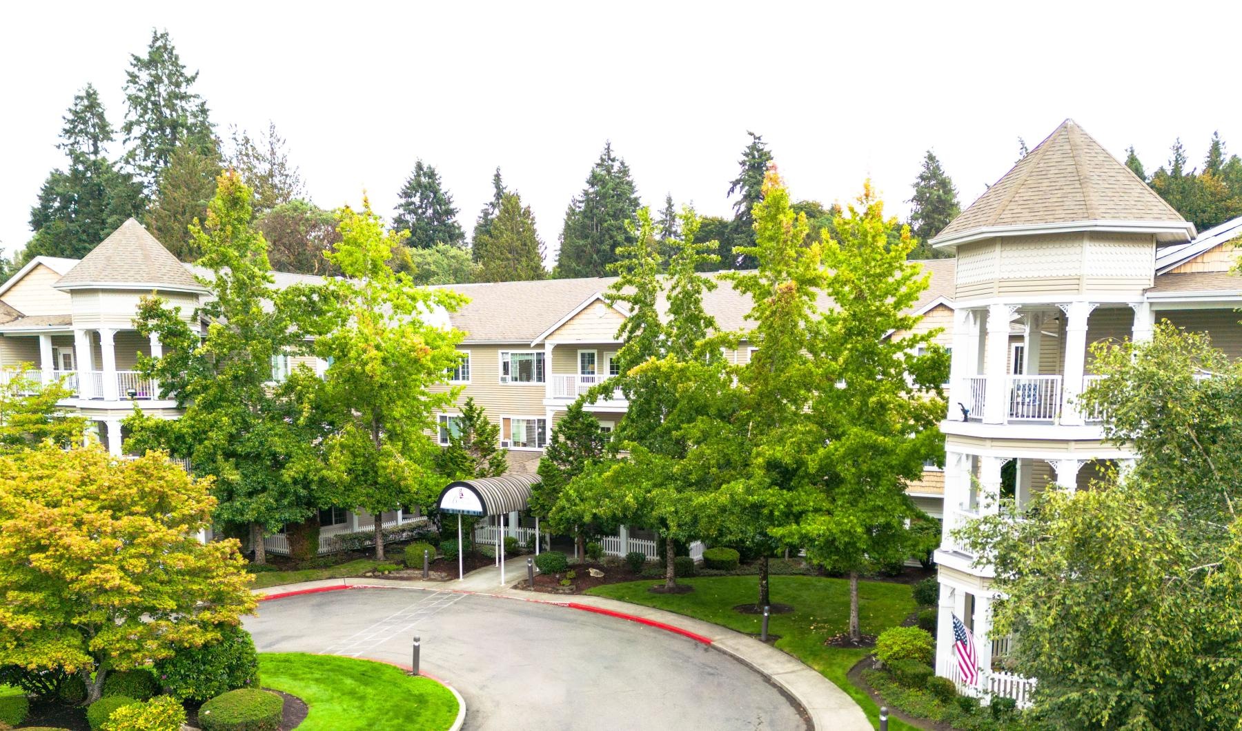 a street with trees and buildings on the side