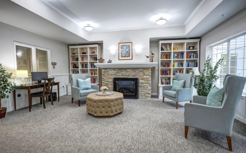 a living room with a fireplace